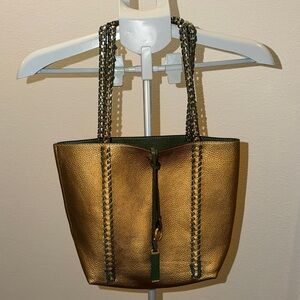 Tote Bag 2-in-1 Reversible Gold & Dark Green with Chain Details Handbag